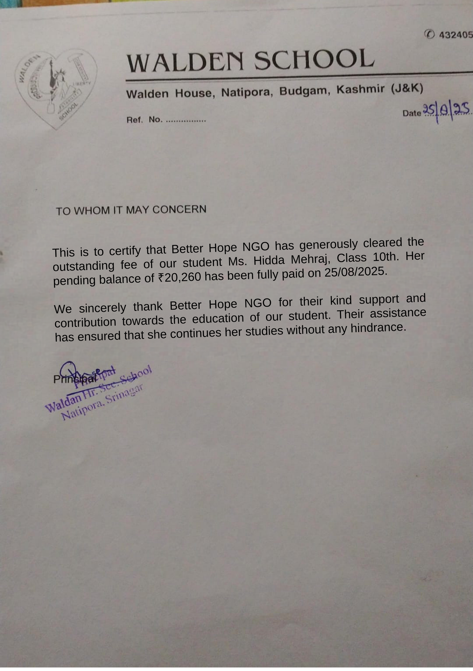 Official school letter confirming education support