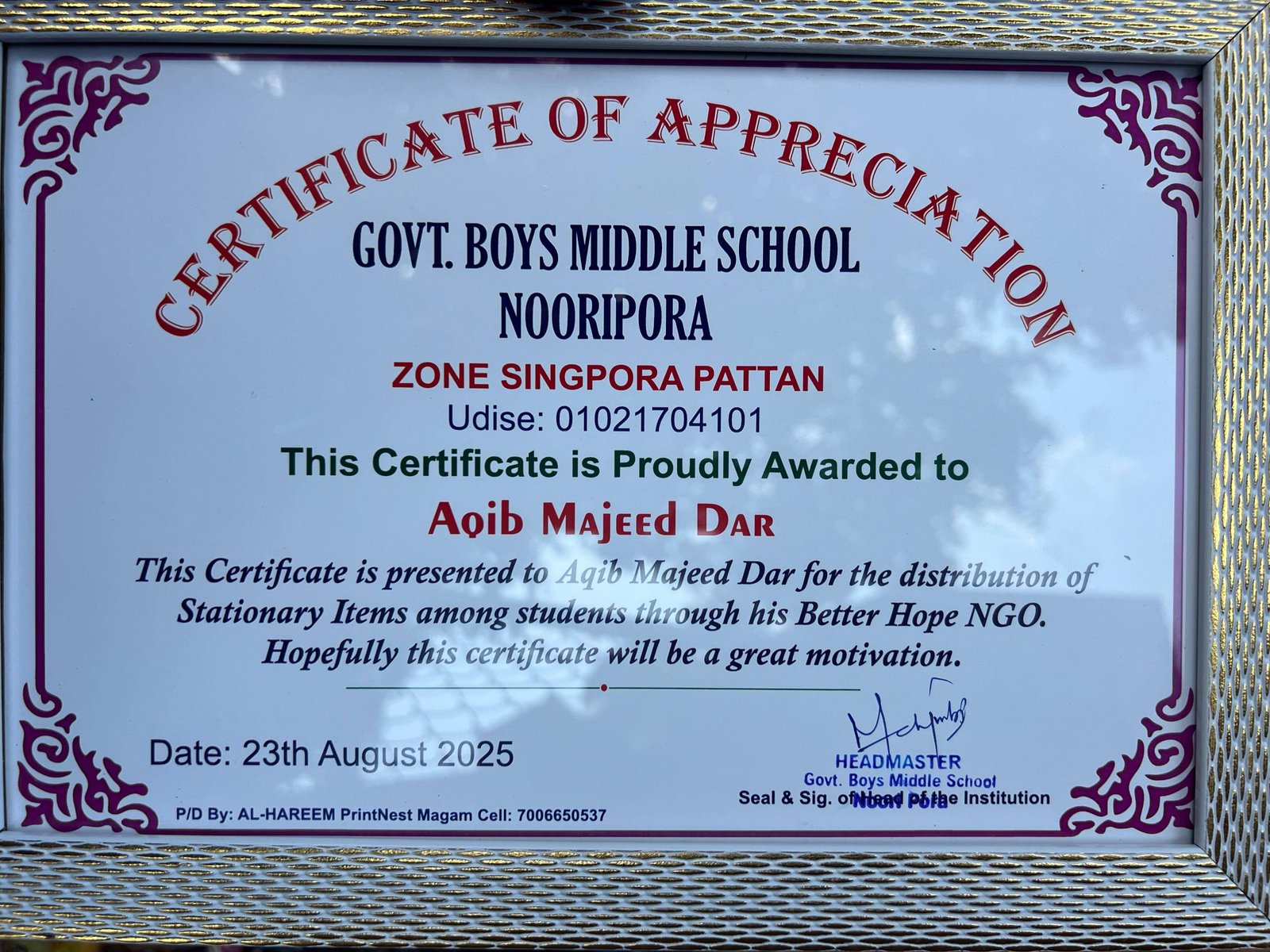 School certificate issued to Better Hope NGO